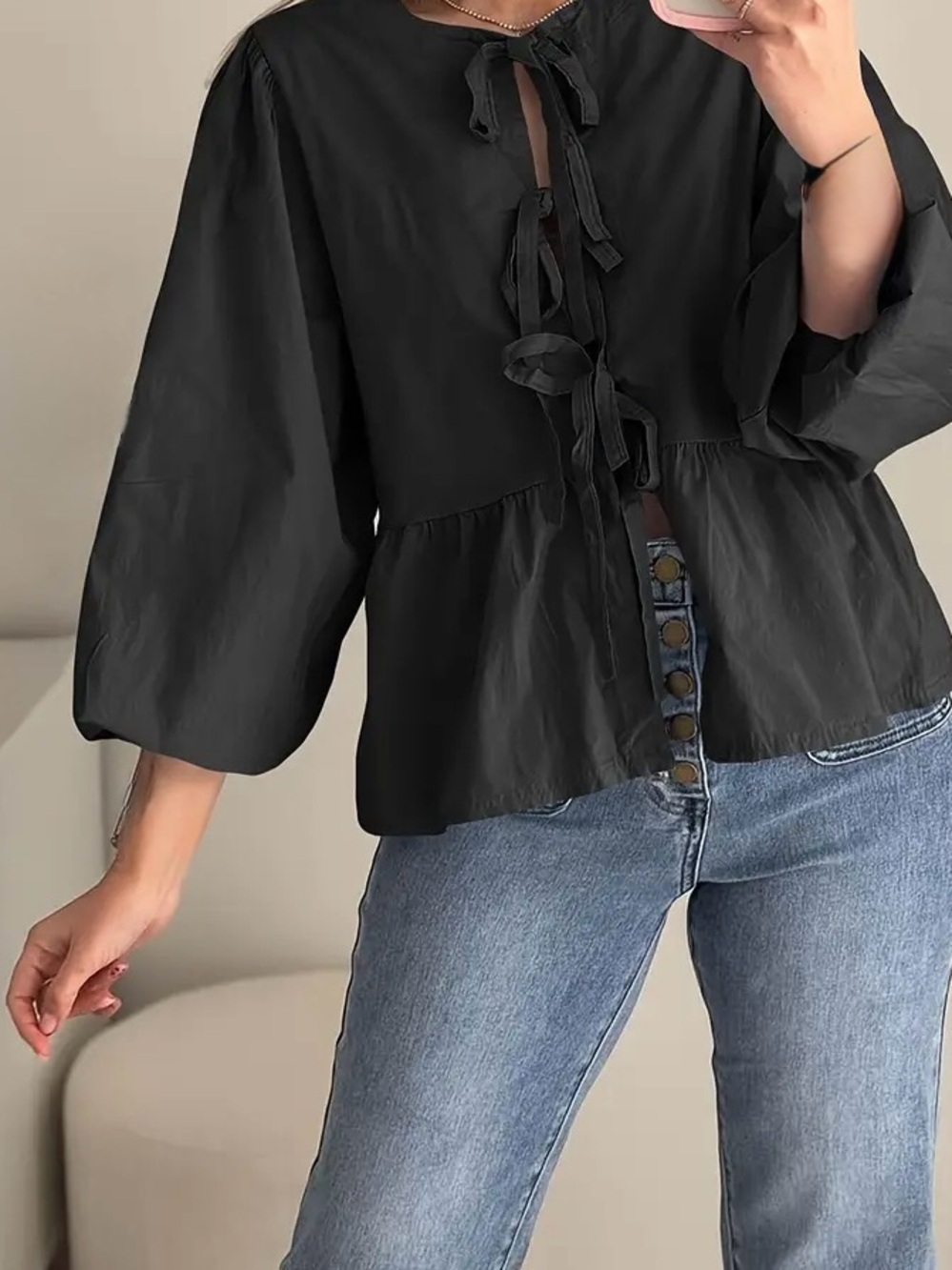 Vigoss Black Tie-Front Peasant Top